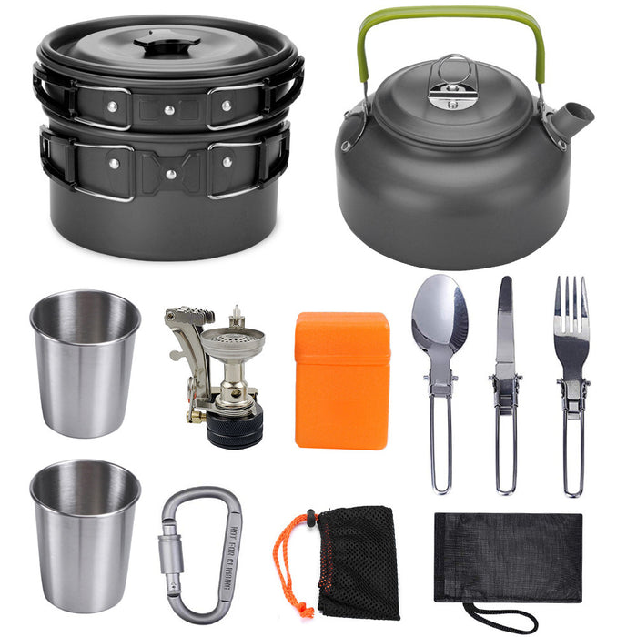 Kit Cuisine Camping Aluminium 10 Pièces Antiadhésif - Batterie Complète 2-3 Personnes - Camp de Base Farzen