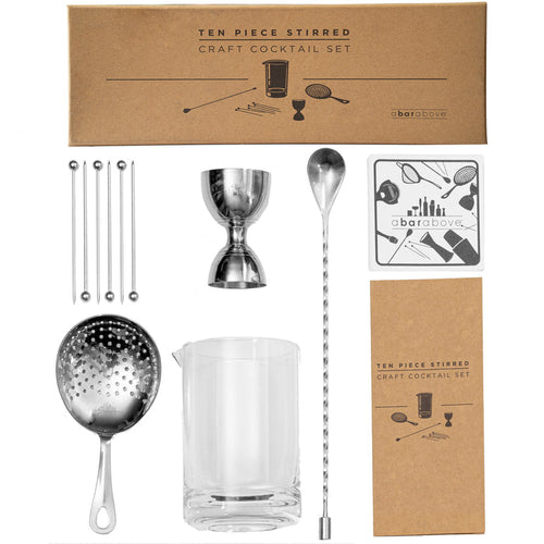 A comprehensive 10-piece stainless steel stirred cocktail set including glass, presented on white.