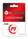 MC Motoparts $100 USD e-Gift Card showing a sleek digital gift card design with brand logo and value displayed.