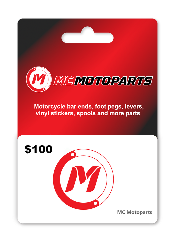 MC Motoparts $100 USD e-Gift Card showing a sleek digital gift card design with brand logo and value displayed.