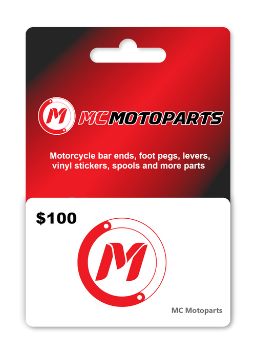 MC Motoparts $100 USD e-Gift Card showing a sleek digital gift card design with brand logo and value displayed.