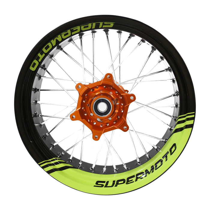 17-inch Supermoto rim protection sticker for Honda Kawasaki Yamaha, wheel decal by StickerBao, shown installed on motorcycle wheel.