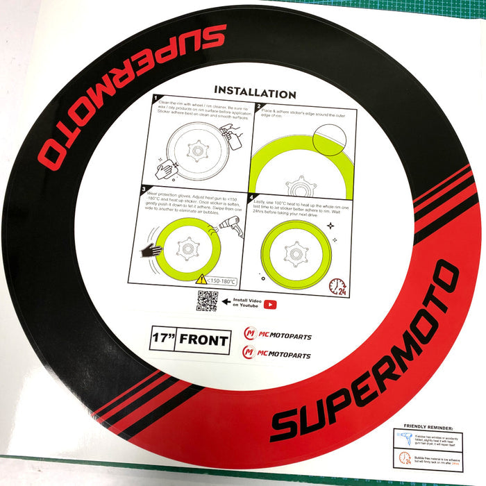 Red 17-inch Supermoto rim protection sticker for Honda Kawasaki Yamaha bike wheel decals by StickerBao.
