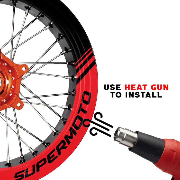 Red 17-inch Supermoto rim protection sticker for Honda, Kawasaki, Yamaha wheels, featuring durable decal design by StickerBao.