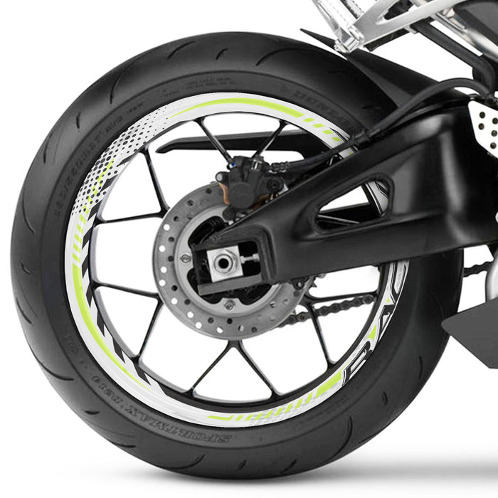17-inch Kawasaki, Honda, Yamaha wheel rim protection sticker set by StickerBao, showing black and silver decals applied to motorcycle wheels.