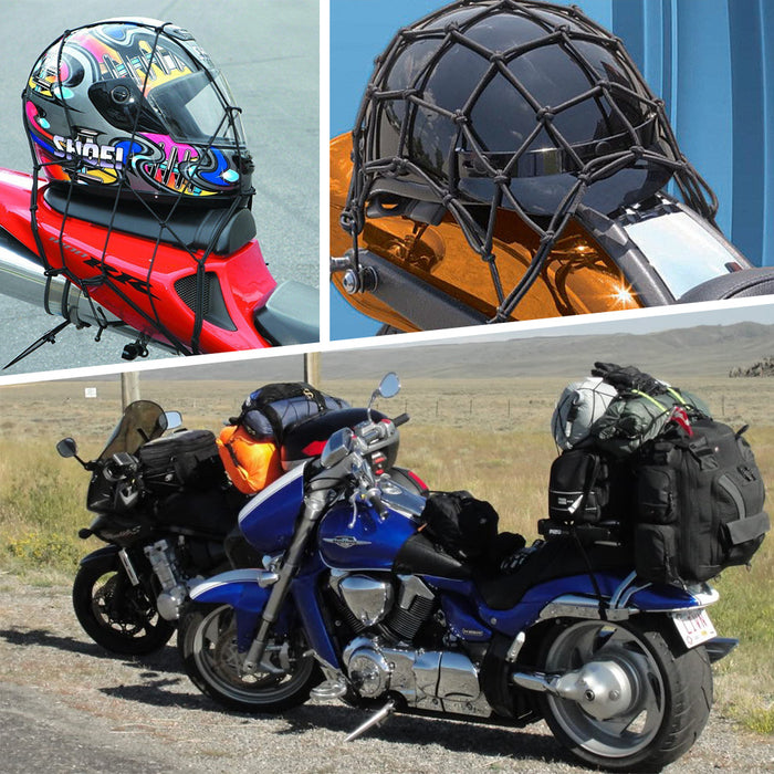 Heavy-duty 18-inch cargo net with mesh design and 6 POM hooks, made by MC Motoparts for secure bungee cord storage.
