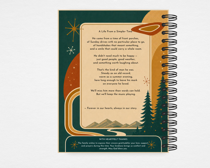 A Life From a Simpler Time memorial guest book back cover — deep teal and amber mid-century design with pine trees, atomic starbursts, and original poem "A Life From a Simpler Time" on cream panel with With Heartfelt Thanks acknowledgment — Standard size