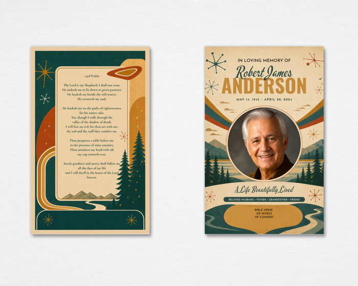 A Life From a Simpler Time mid-century retro memorial prayer card template — Canva editable — front cover with circular photo placeholder, mountain and pine tree landscape, atomic starburst accents, teal and warm amber tones; back cover with 23rd Psalm and matching mid-century nature illustration
