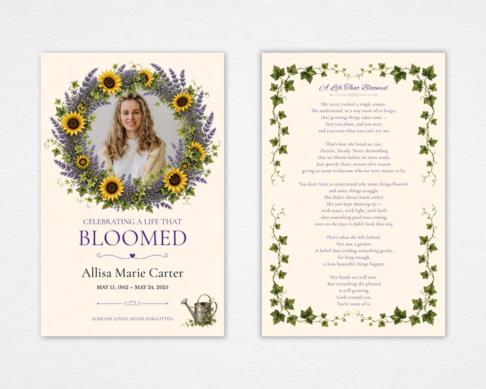 A Life That Bloomed funeral program cover — cream background, sunflower and lavender wreath portrait frame, ivy vine border, purple script typography, vintage watering can accent