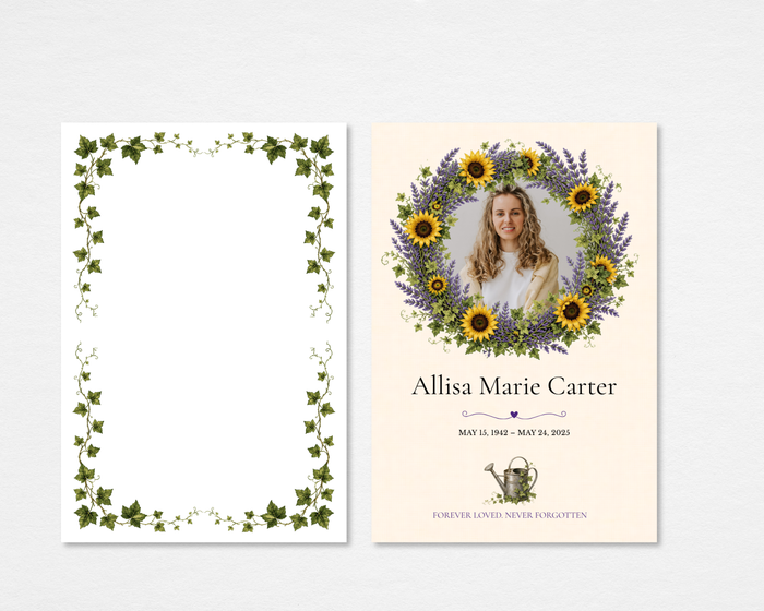 A Life That Bloomed sunflower lavender memorial thank you card template — Canva editable