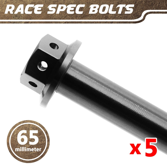 Set of five black aluminium Race Spec M6 x 65mm bolts from MC Motoparts, etched finish, with visible threading and hex heads.