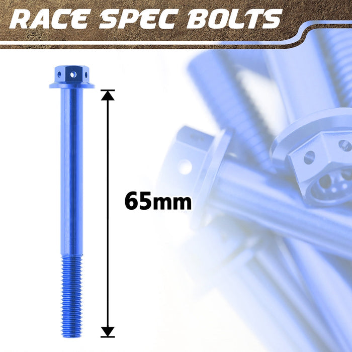 Set of five aluminium Race Spec M6 x 65mm bolts by MC Motoparts, engraved, with a blue finish, designed for high-performance applications.