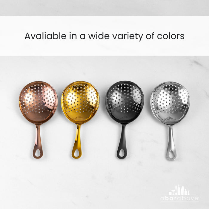 Labeled graphic showing Julep Strainers in antique copper, gold, black, and stainless steel colors, illustrating variety (details in description).