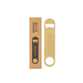 Gold bar blade bottle opener with its branded packaging, showing product details and branding. (details in description)