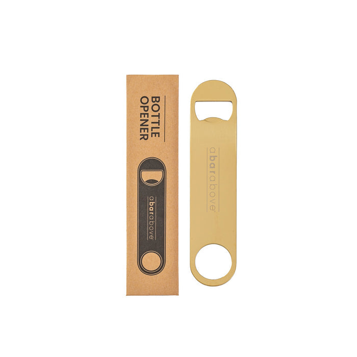 Gold bar blade bottle opener with its branded packaging, showing product details and branding. (details in description)
