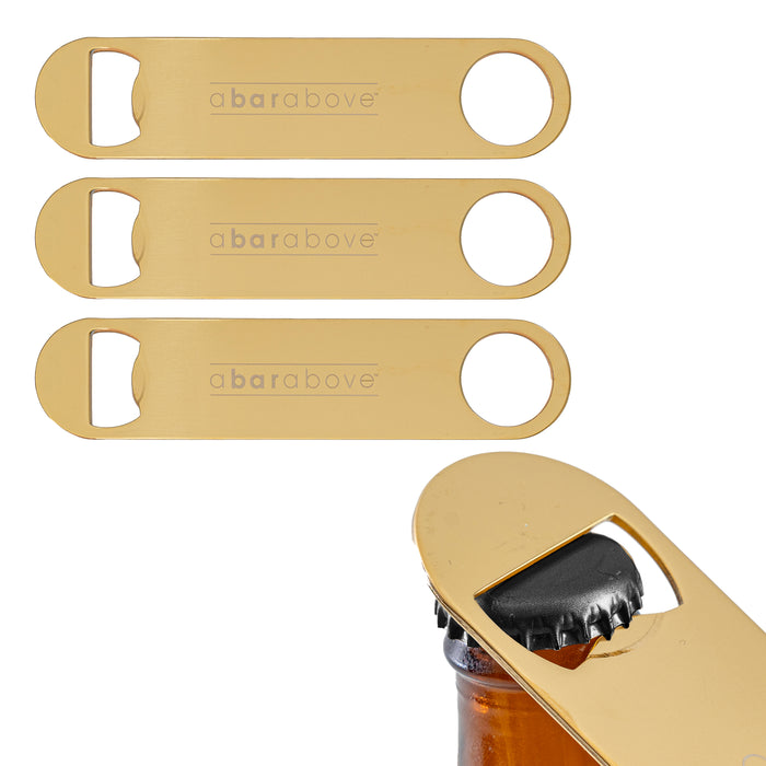 Three gold bar blade bottle openers, one positioned to remove a cap from a brown bottle.