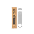 Stainless steel bar blade bottle opener displayed alongside its brown cardboard retail packaging.