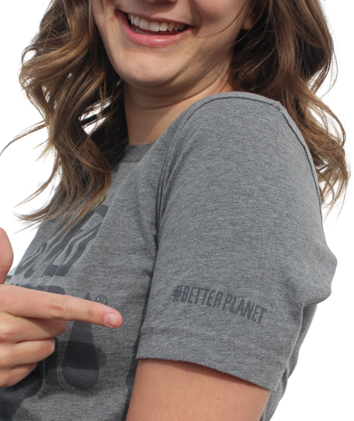 Boxed Water Better Planet t-shirt with #betterplanet on the side of the short sleeved tee