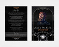 Beyond the Open Road funeral program mockup showing a black memorial cover with copper motorcycle details and a portrait beside a back page with the Ride On poem, Standard size