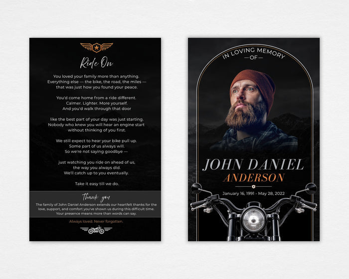 Beyond the Open Road funeral program mockup showing a black memorial cover with copper motorcycle details and a portrait beside a back page with the Ride On poem, Standard size