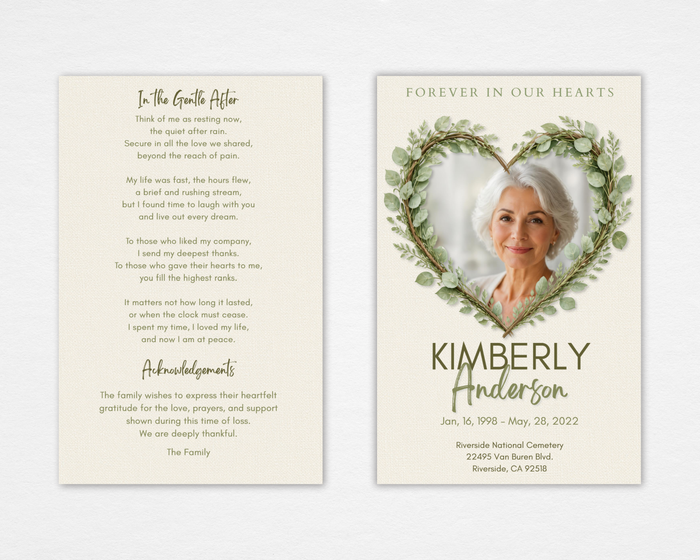 Botanical Heart funeral program front and back — cream background, eucalyptus and twig heart wreath portrait frame, olive green bold and script typography, poem and acknowledgements back page