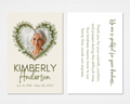 Botanical Heart memorial thank you card cream background with eucalyptus and twig heart wreath framing portrait photo placeholder, bold serif name and dates on front; "We are so grateful for your kindness" script header and editable thank you message in sage green on back — front and back