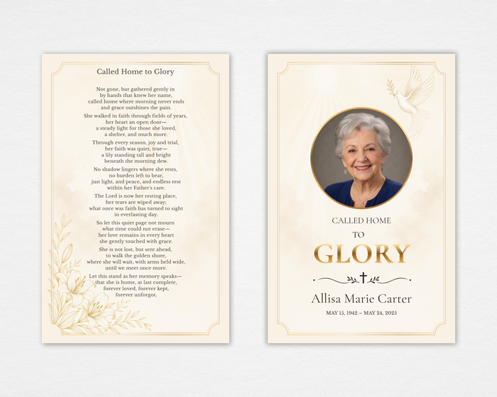Called Home to Glory funeral program cover — soft cream background, white dove with olive branch, gold circular portrait frame, gold foil GLORY typography, white lily botanicals