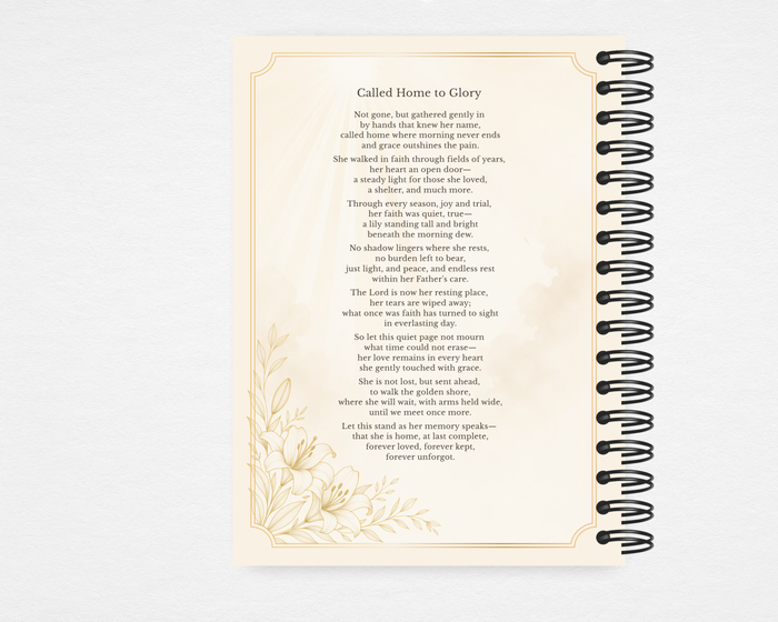 Called Home to Glory memorial guest book back cover — cream background with white lily illustration, gold border frame, and original poem — Standard size