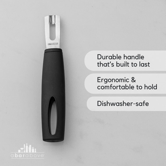 Infographic of a channel knife with a black handle, detailing its durable and ergonomic features (details in description).