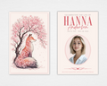 Cherry Blossom Fox funeral program cover — soft cream background, watercolor fox beneath a pink cherry blossom tree, circle portrait frame, rose pink bold and script typography, winged heart divider