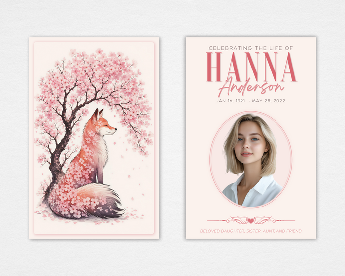 Cherry Blossom Fox funeral program cover — soft cream background, watercolor fox beneath a pink cherry blossom tree, circle portrait frame, rose pink bold and script typography, winged heart divider