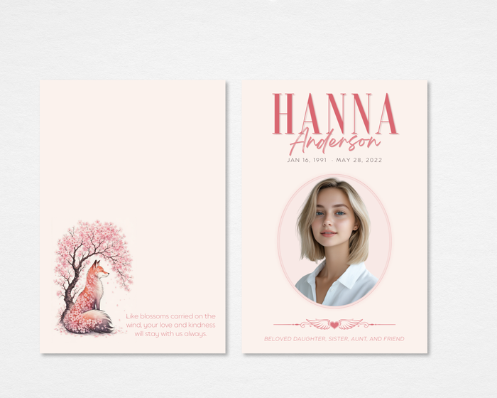 Cherry Blossom Fox memorial thank you card — soft cream background with watercolor fox and cherry blossom tree with thank you message on front; oval photo placeholder, bold rose pink name, dates, winged heart divider, and relationship line on back — front and back