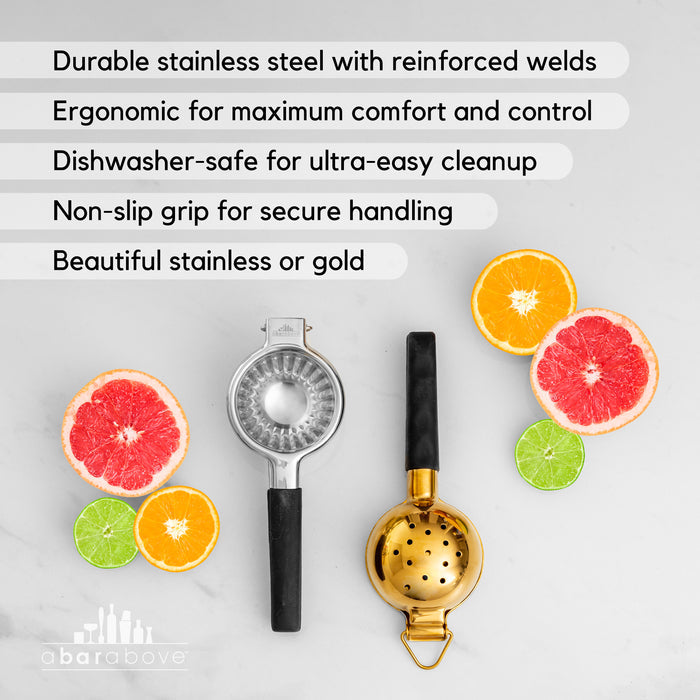 Labeled graphic showcasing features and available finishes of the Citrus Juicer Press, with stainless steel and gold models visible (details in description).
