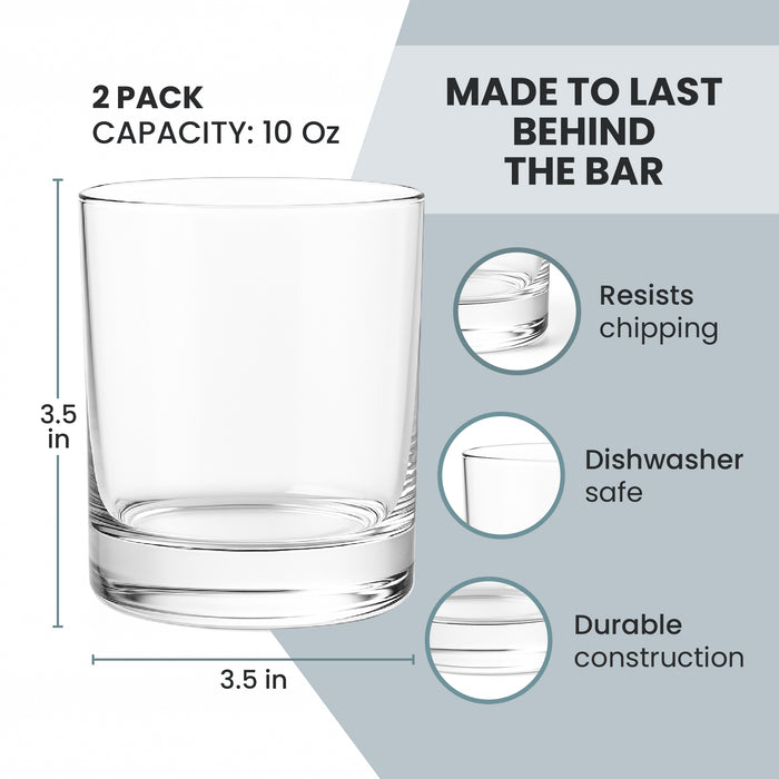 Infographic detailing the features and dimensions of the Classic Rocks Glass, including durability and capacity (details in description).