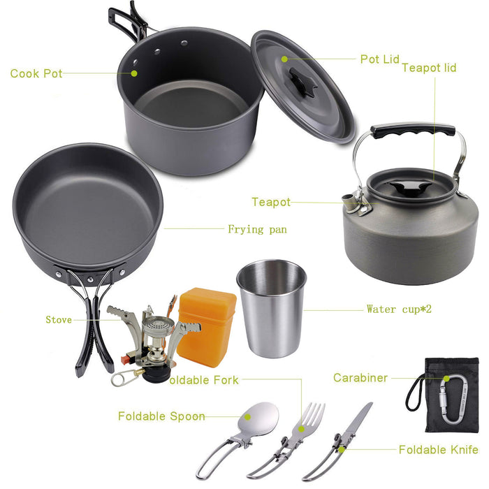 Kit Cuisine Camping Complet Réchaud + 8 Ustensiles Aluminium - Camp de Base Farzen