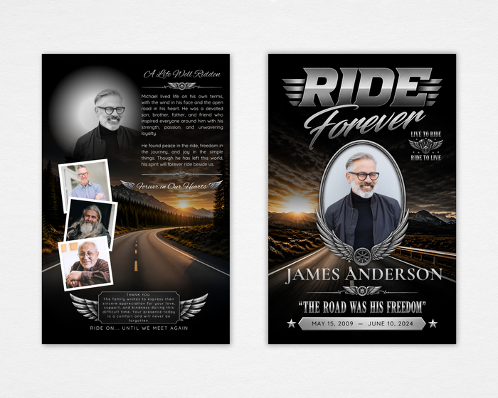 Dark Highway funeral program cover — black background, open highway sunset landscape, chrome winged wheel emblem, oval portrait frame, bold RIDE FOREVER typography, Live to Ride badge, script A Life Well Ridden interior with photo collage and Ride On closing