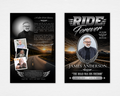 Dark Highway funeral program cover — black background, open highway sunset landscape, chrome winged wheel emblem, oval portrait frame, bold RIDE FOREVER typography, Live to Ride badge, script A Life Well Ridden interior with photo collage and Ride On closing