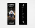 Dark Highway Memorial Bookmark — front and back view showing chrome Ride Forever headline, silver wing artwork, dark highway background, and Forever in Our Hearts back design. Canva editable