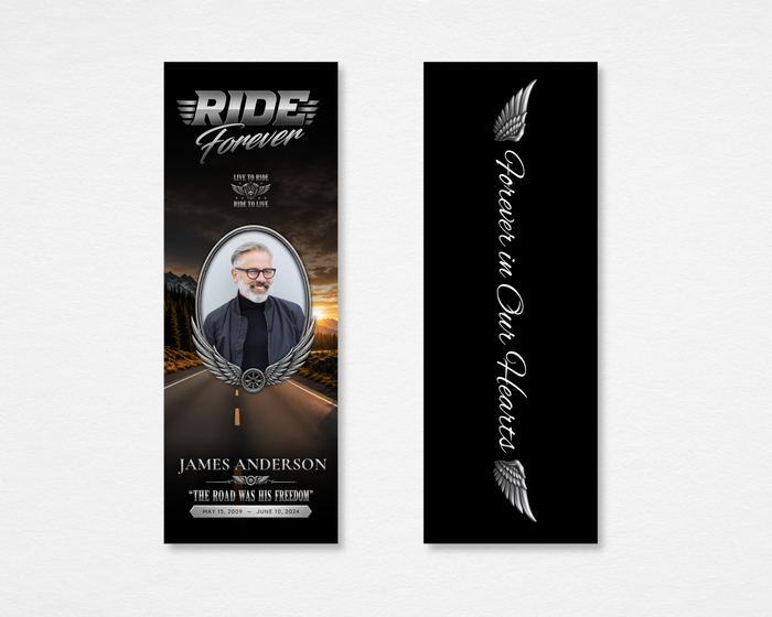 Dark Highway Memorial Bookmark — front and back view showing chrome Ride Forever headline, silver wing artwork, dark highway background, and Forever in Our Hearts back design. Canva editable