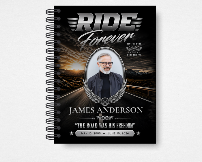 Dark Highway Memorial Guest Book front cover — bold chrome "Ride Forever" headline, silver wing emblem, oval portrait frame, and dark highway sunset background. Motorcycle biker memorial design.