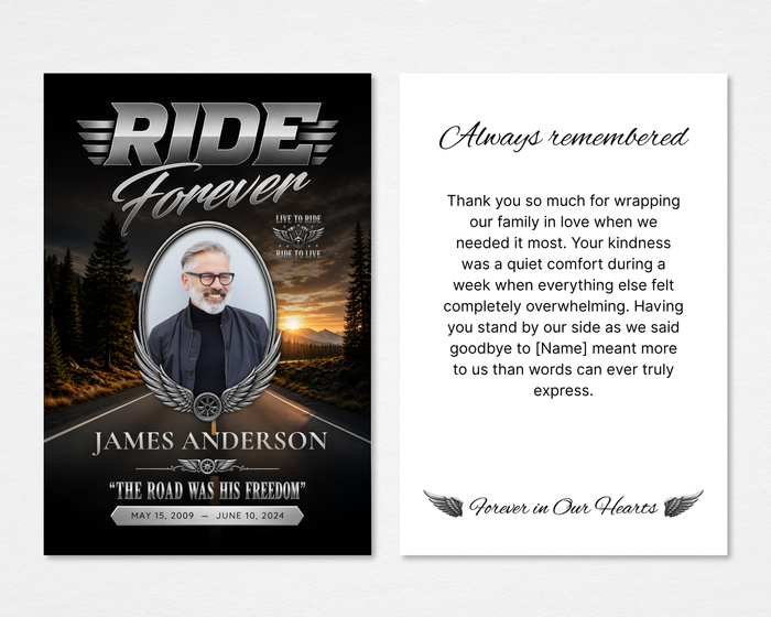 Dark Highway memorial thank you card — dramatic dark highway at sunset with pine trees, oval chrome-framed portrait photo placeholder, "Ride Forever" chrome and script header, winged wheel emblem, bold silver name, personal tribute tagline, and dates on front; clean white back with "Always Remembered" script header, editable thank you message, and winged "Forever in Our Hearts" footer — front and back