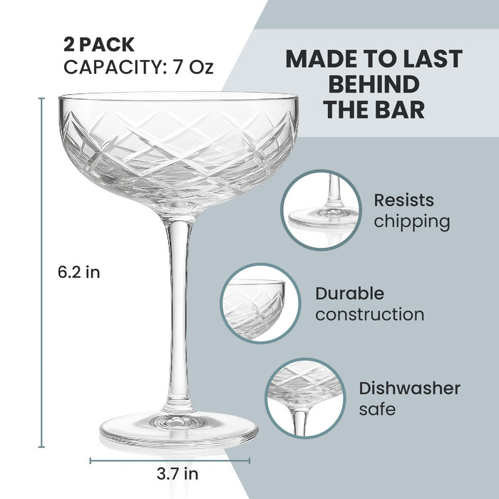 Labeled graphic showing the features and dimensions of the Diamond Cut Coupe Glass, including durability and capacity (details in description).