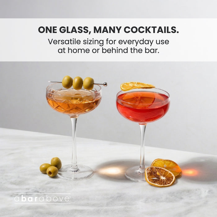 Feature graphic for Diamond Cut Coupe Glass, highlighting its versatility for various cocktails and uses (details in description).