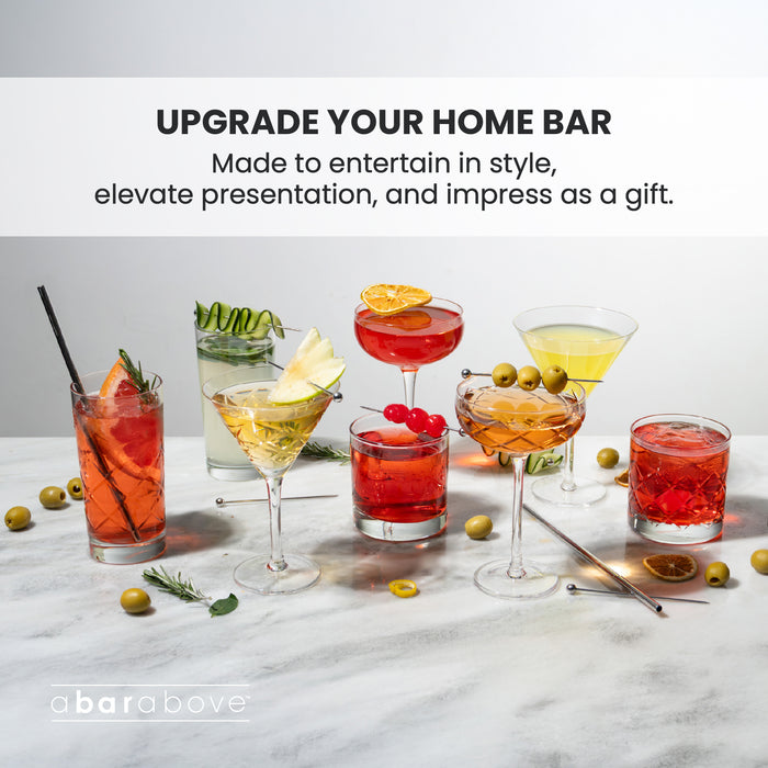 Marketing graphic featuring various cocktail glasses, including the Classic Coupe Glass, to inspire home bar upgrades (details in description).