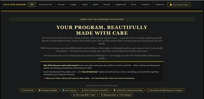 Your Program Portal — browse pages by tradition, choose your size, and build your program at your own pace