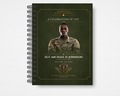 Duty & Honor military memorial guest book front cover — olive green background with gold border frame, portrait photo placeholder, "A Celebration of Life" header, bold gold name and rank, dates, U.S. Army crest emblem, and Matthew 25:21 scripture — Standard size