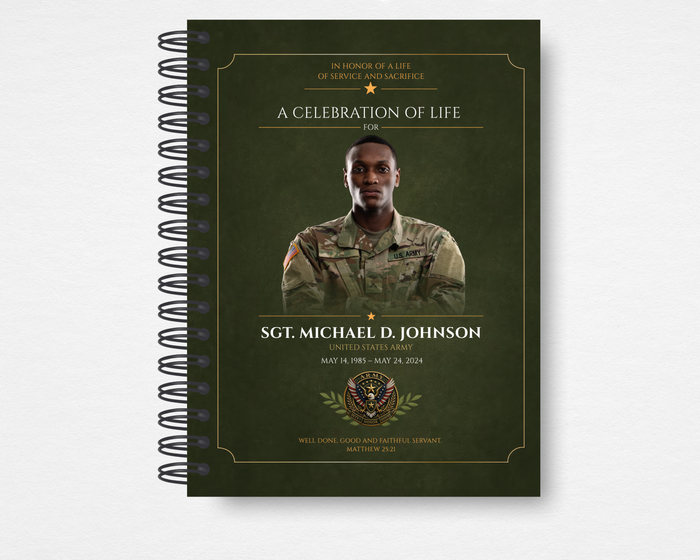 Duty & Honor military memorial guest book front cover — olive green background with gold border frame, portrait photo placeholder, "A Celebration of Life" header, bold gold name and rank, dates, U.S. Army crest emblem, and Matthew 25:21 scripture — Standard size