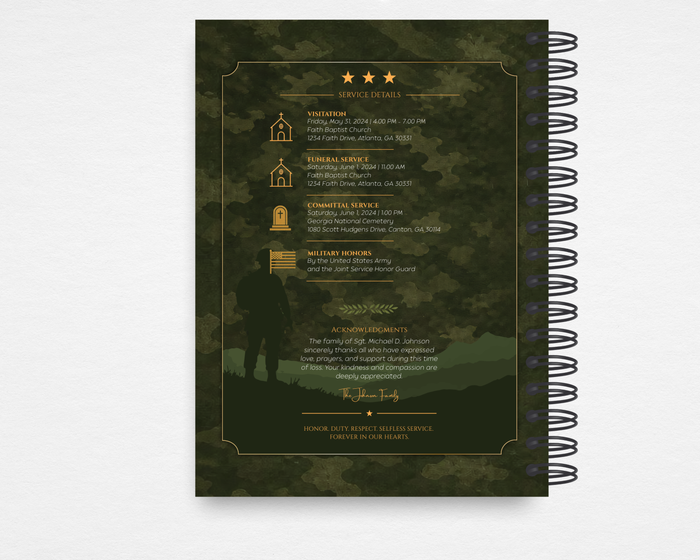 Duty & Honor military memorial guest book back cover — dark olive camouflage background with three gold stars, service details section with visitation, funeral, committal, and military honors fields, editable acknowledgments, and "Honor. Duty. Respect." closing line — Standard size