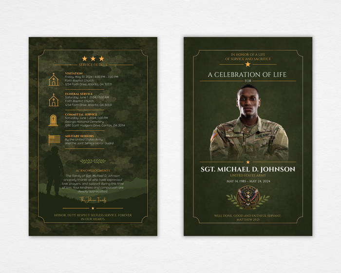 Duty and Honor Military funeral program front and back — olive green camouflage background, U.S. Army crest emblem, full-bleed portrait cover, gold star accents and service details back page, bold gold typography