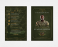 Duty and Honor Military funeral program front and back — olive green camouflage background, U.S. Army crest emblem, full-bleed portrait cover, gold star accents and service details back page, bold gold typography